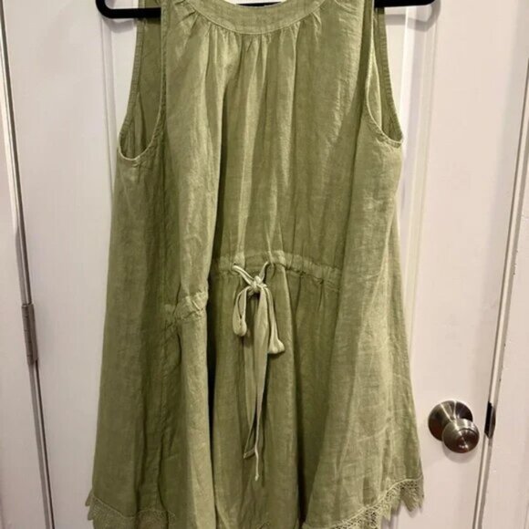 Sleeveless Green Italian Linen Boho Cottagecore Tunic with Crochet Lace Trim L - Picture 2 of 10